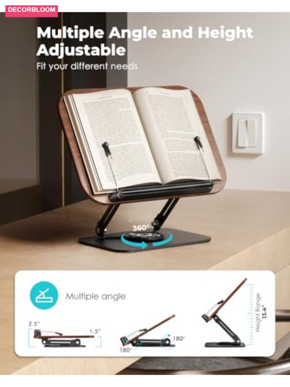Foldable Book Stand 360 Rotating Adjustable Height Portable Reading Holder - Picture 5 of 5